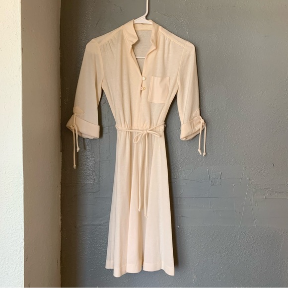 Dresses & Skirts - Vintage 70s Cream Knit Midi Dress | Sheer Sweater Dress small minimalist